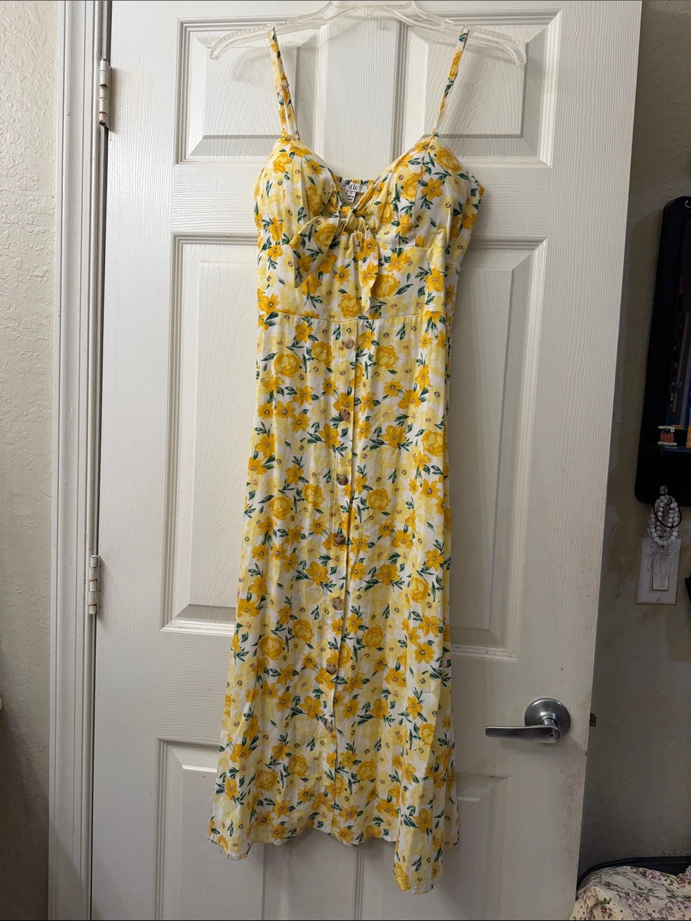 AUW Yellow Floral Midi Sundress with Spaghetti Straps